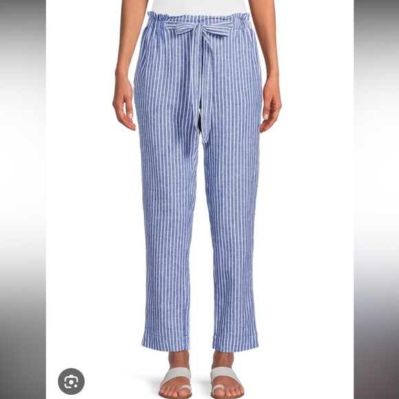 beachlunchlounge Pants - Beachlunchlounge Women’s Giavanna Linen Tie Blue and Cream Striped Pants Size XL
